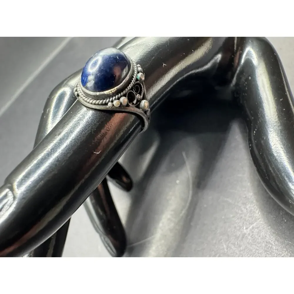 Vintage Lapis Lazuli Oval Filigree Silver Tone Women's Cocktail Band Ring